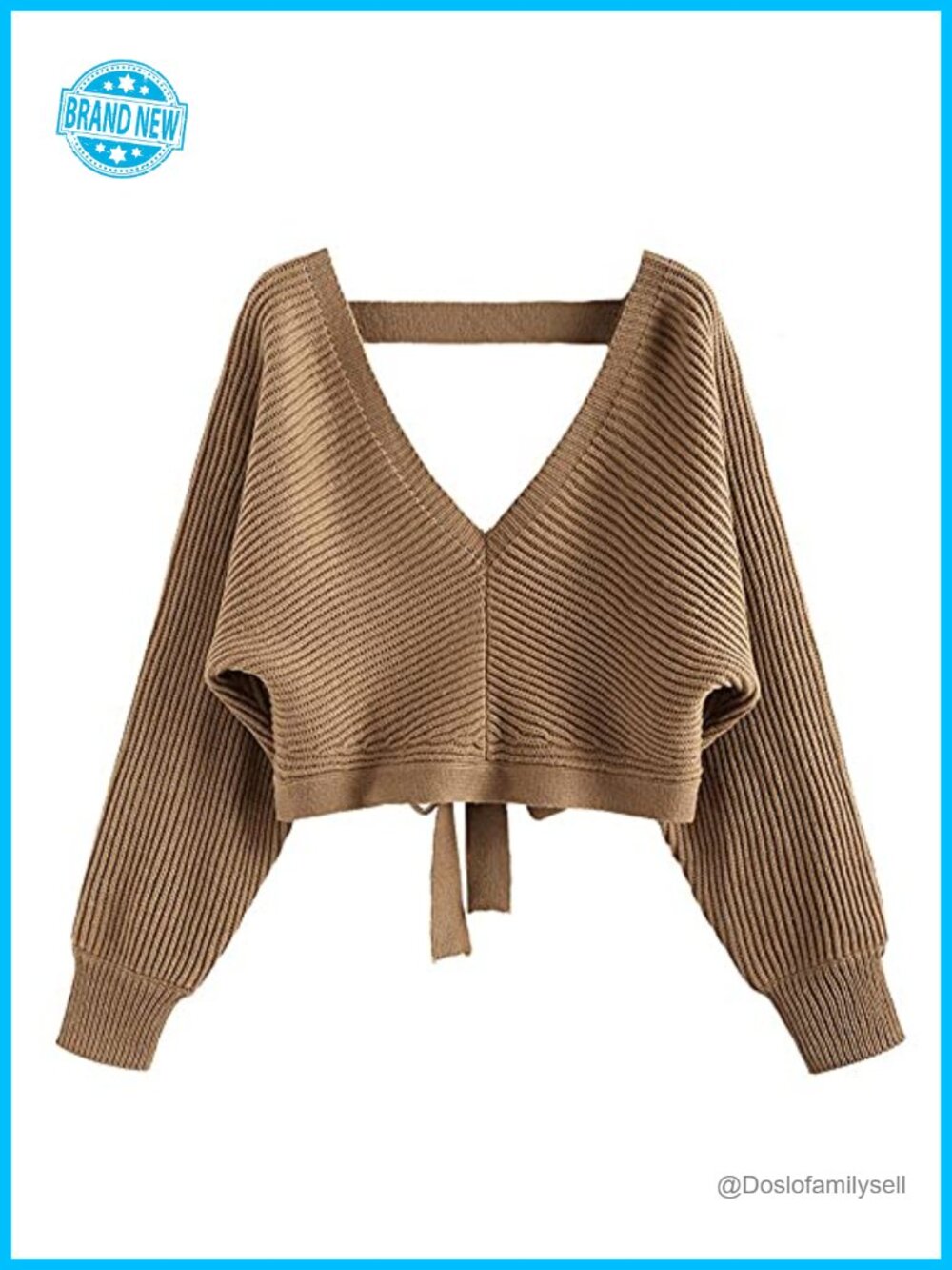Cropped Ribbed Knit Sweater Loose Fit Batwing Sleeve Backless Tie